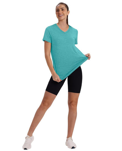 Short Sleeve Shirts for Women Workout Yoga Tops Sun Protection Clothing Summer Outfits Rash Guard Side Slit V Neck Aqua XL