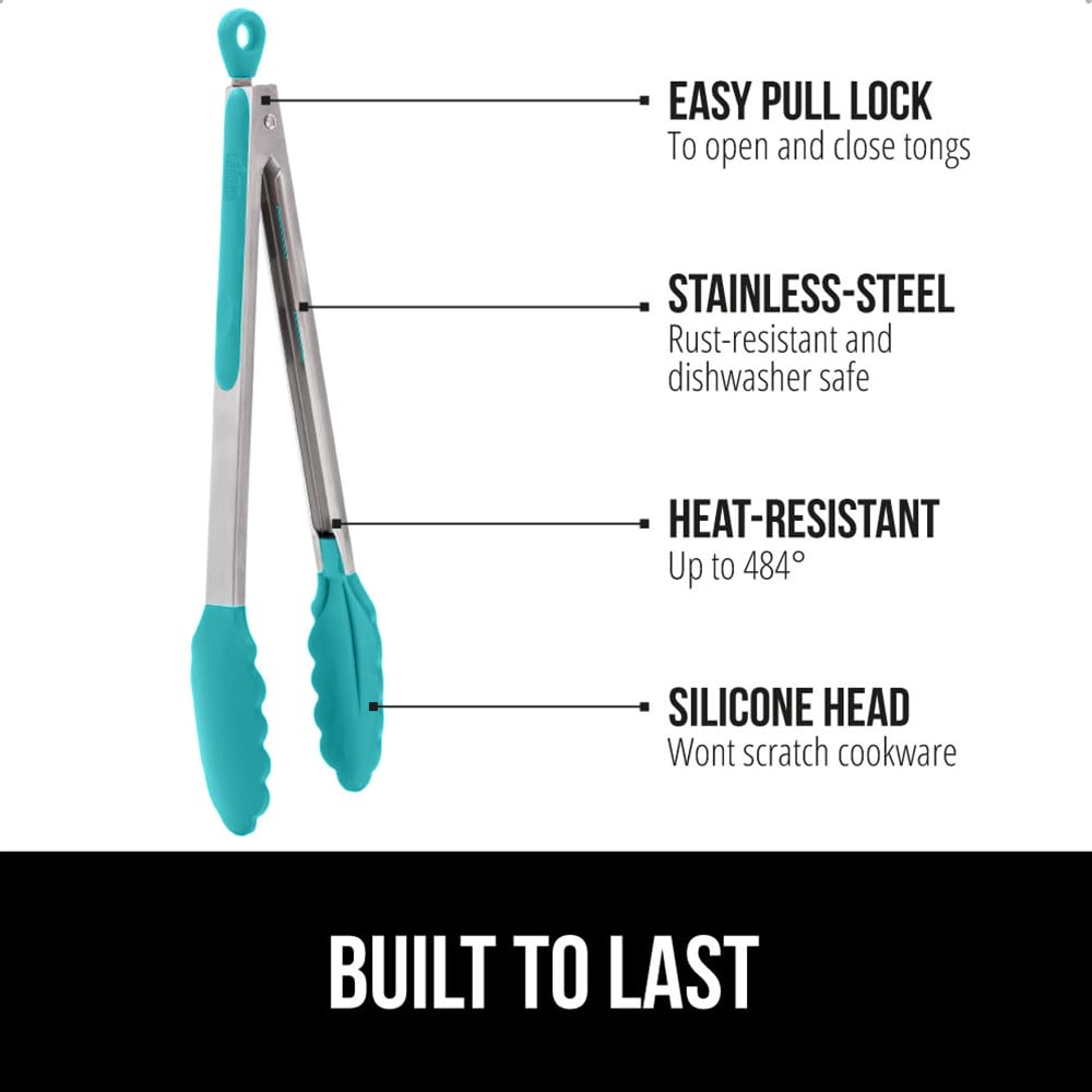 GORILLA GRIP Stainless Steel Heat Resistant Kitchen Tongs for Cooking, 9 + 12 Inch, Set of 2 BBQ Tong, Non Scratch Silicone Tip for Pan, Strong Grip, Grab Food, Toss Salad, Air Fryer, Pull Lock, Black