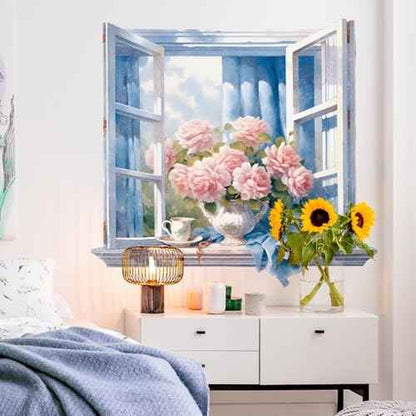 Fake Window Wall Decals - Peel and Stick Flower & Butterflies Vinyl Wall Sticker Murals for Living Room Bedroom Office Wall Decor 20.47"x22.44"