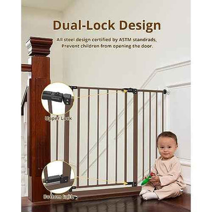 InnoTruth 28.9-42.1" Baby Gate with Door for Dogs, 30" Tall Pressure Mounted Dog Gates for The House Expandable One-Hand Open, Easy Step Walk Through Dual Lock Durable Metal Safety Pet Gates, Brown