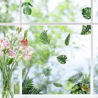 CRASPIRE 8 Sheets Green Leaf Window Stickers Tropical Leaves PVC Waterproof Self Adhesive Summer Wall Decals Natural Palm Plant Rectangle Removable for Stairway Home Decoration TV Wall Art