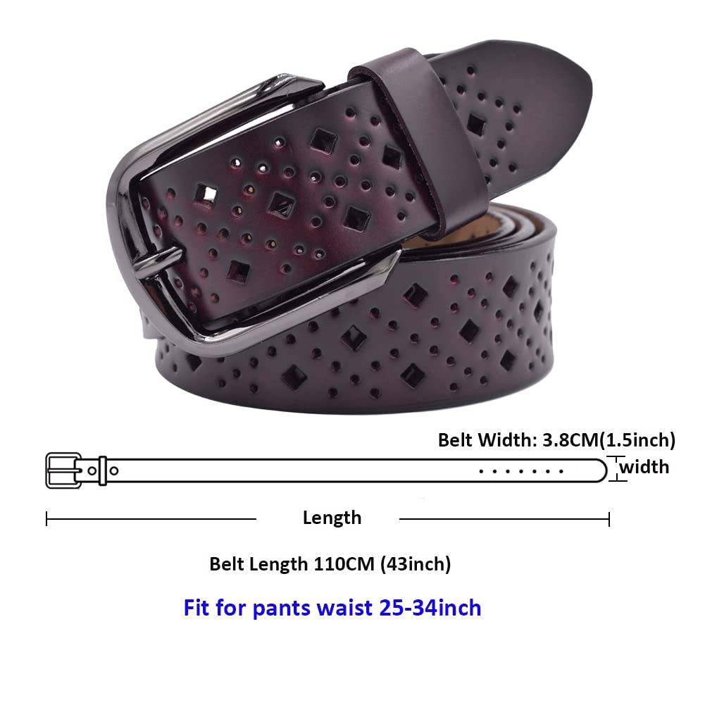 VONSELY Hollow Leather Belts for Women, Soft Leather Womens Belts with Pin Buckle (1.5" Wide Coffee)