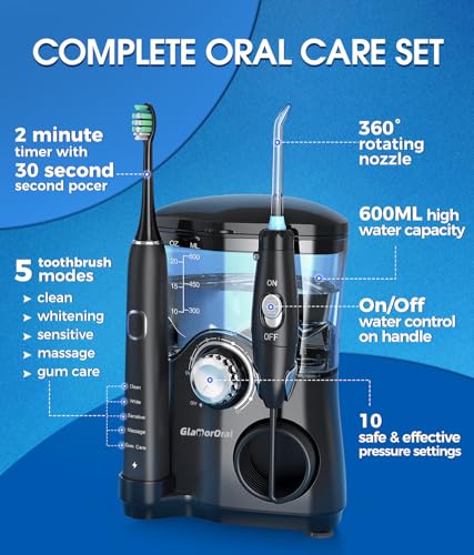 Electric Toothbrush and Water Flosser,600ML Oral Irrigator Water Flosser with 7 Jet Tips,10 Adjustable Pressure Settings,Sonic Electric Toothbrush with 2 Brush Heads,5 Modes(Black)