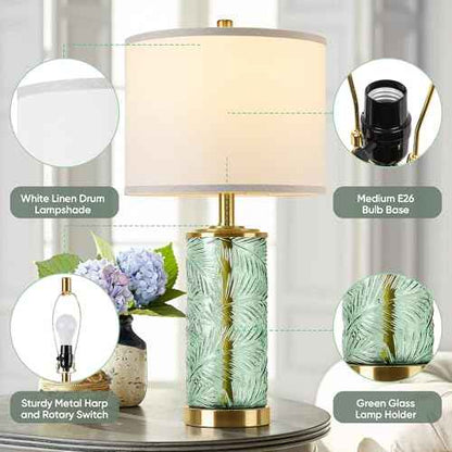 QiMH Glass Table Lamp Set of 2, Modern Gold Bedside Lamp with Stereo Palm Leaves Vein Glass for Living Room, Green Nightstand Lamps for Bedroom Home Office Reading Decor(Bulbs & Shades Included)