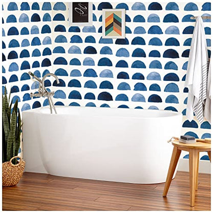 HAOKHOME Watercolor Brush Strokes Scallop Boho Peel and Stick Wallpaper Removable Indigo Blue/White Vinyl Self Adhesive Mural 17.7in x 9.8ft