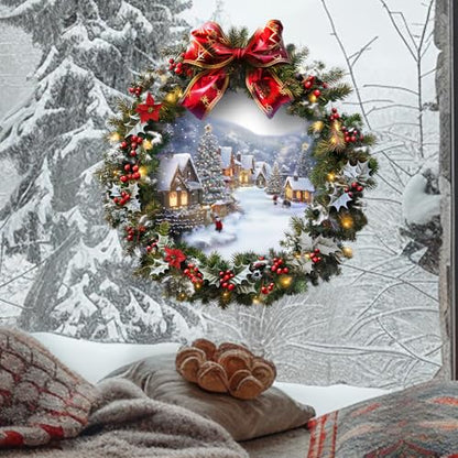 Christmas Wreath Wall Decals with Ribbon Peel and Stick Christmas Mural Art Stickers for Christmas Party Home Kitchen Decor (A)