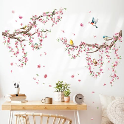 Cherry Blossom Tree Branch Wall Decals Pink Peach Flower Wall Stickers Spring Floral Birds Wall Art Decor for Bedroom Hall Livingroom Office TV Backdrop with 3 Sheets (11.8 x 35.4 inches/1 Sheet