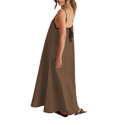 Shy Velvet Women's 2025 Summer Linen Maxi Dress Contrast Spaghetti Strap Dress Backless Sleeveless Casual Party Beach Dresses