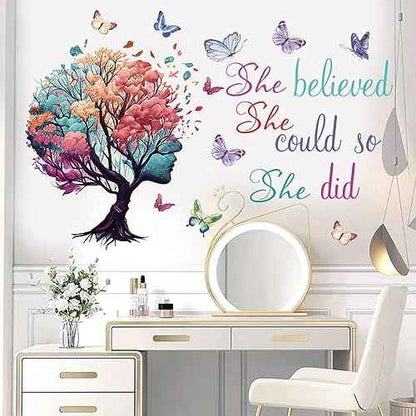 Inspirational Quotes Wall Art - 'She Believed She Could So She Did' Tree & Butterfly Decal Stickers for Women & Girls Bedroom & Living Room Decor