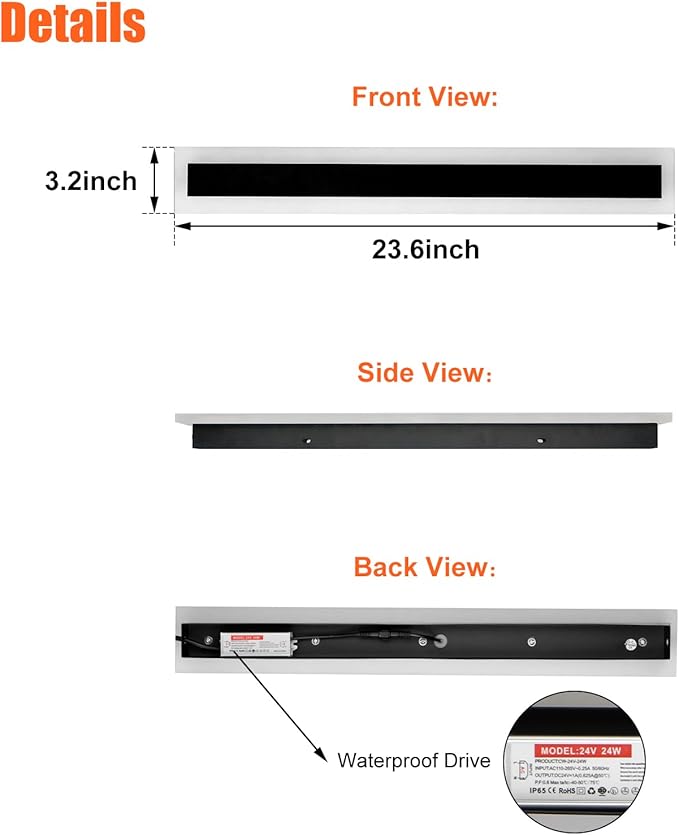 TooCust 23.6in Long Outdoor Modern LED Wall Light, IP65 Waterproof, 24W Warm White Light 3000K, Narrow Strip Light, Durable Wall Sconce for Garage, Porch, Garden, Patio, Wired Installation, 1PACK