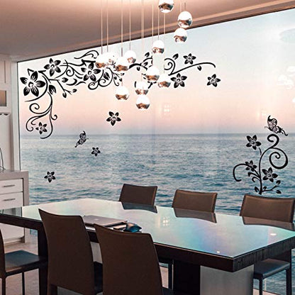 LiveGallery Removable Black Vinyl Flowers Wall Decals DIY Flower Vines and Butterfly Wall Stickers Decor Peel Stick Art Decoration for Teens Room Baby Girls Bedroom Living Room Home Wall Corner