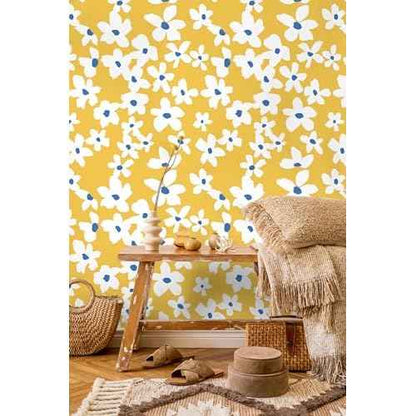 HAOKHOME Yellow Peel and Stick Wallpaper Floral Yellow/White/Blue Removable Wall Paper for Bedroom Bathroom Textured Stick on Contact Paper 17.7in x 9.8ft