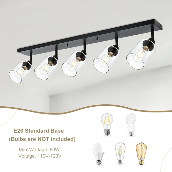 VINLUZ 5 Light Black Bathroom Spotlight Fixture with Rotatable Light Head Indoor Vanity Lighting with Clear Glass Shade Metal Ceiling Mount Fixture