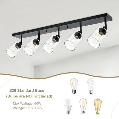VINLUZ 5 Light Black Bathroom Spotlight Fixture with Rotatable Light Head Indoor Vanity Lighting with Clear Glass Shade Metal Ceiling Mount Fixture