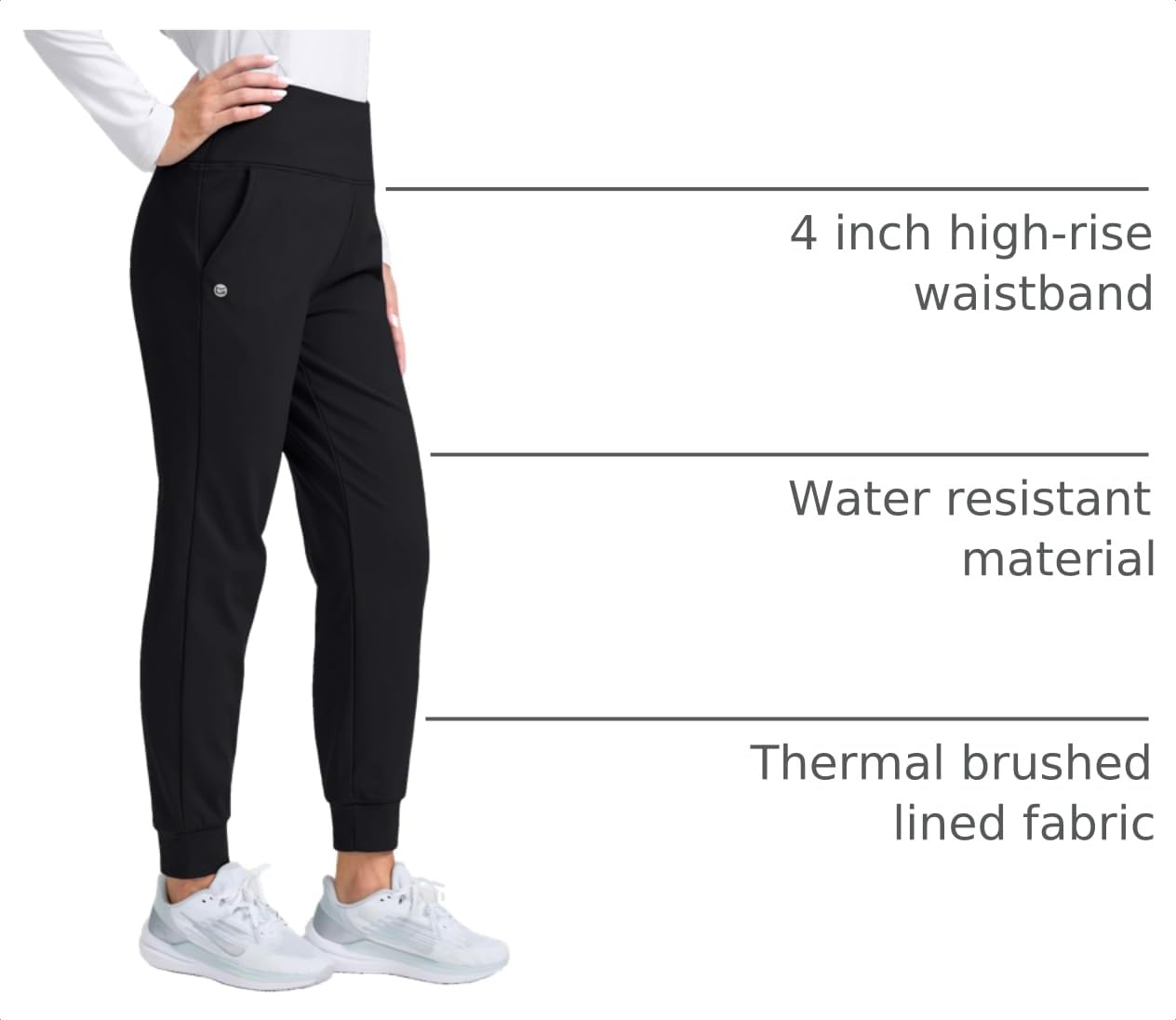 G Gradual Women's Fleece Lined Joggers High Waisted Water Resistant Thermal Hiking Pants Cold Weather Sweatpants with Pockets(Black,L)