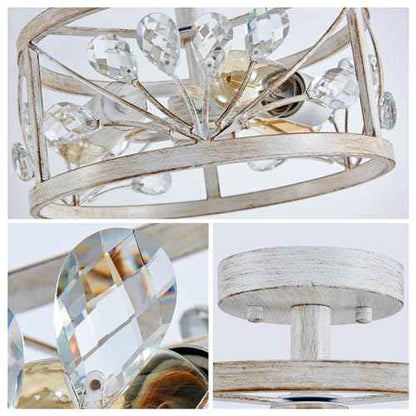 WUZUPS Crystal Leaf Chandelier 3-Light Vintage Farmhouse Industrial Semi-Flush Mount Ceiling Light Lighting Fixture for Foyer Hallway Storage Room Kitchen Bathroom, H 8.5" W 12", Antique White
