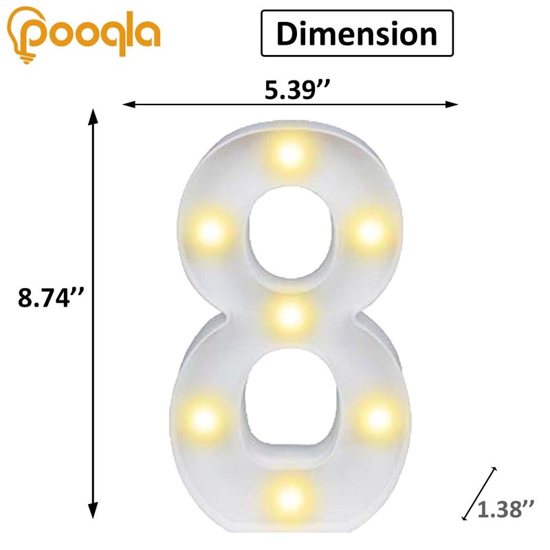 Decorative Led Light Up Number Letters, White Plastic Marquee Number Lights Sign Party Wedding Decor Battery Operated Number (8)