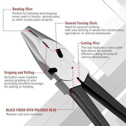 10'' Button Fence Pliers for Bending Cutting and Gripping Round Nose Wire Cutter Plier for Construction and Wire Fencing Resists Rust and Corrosion