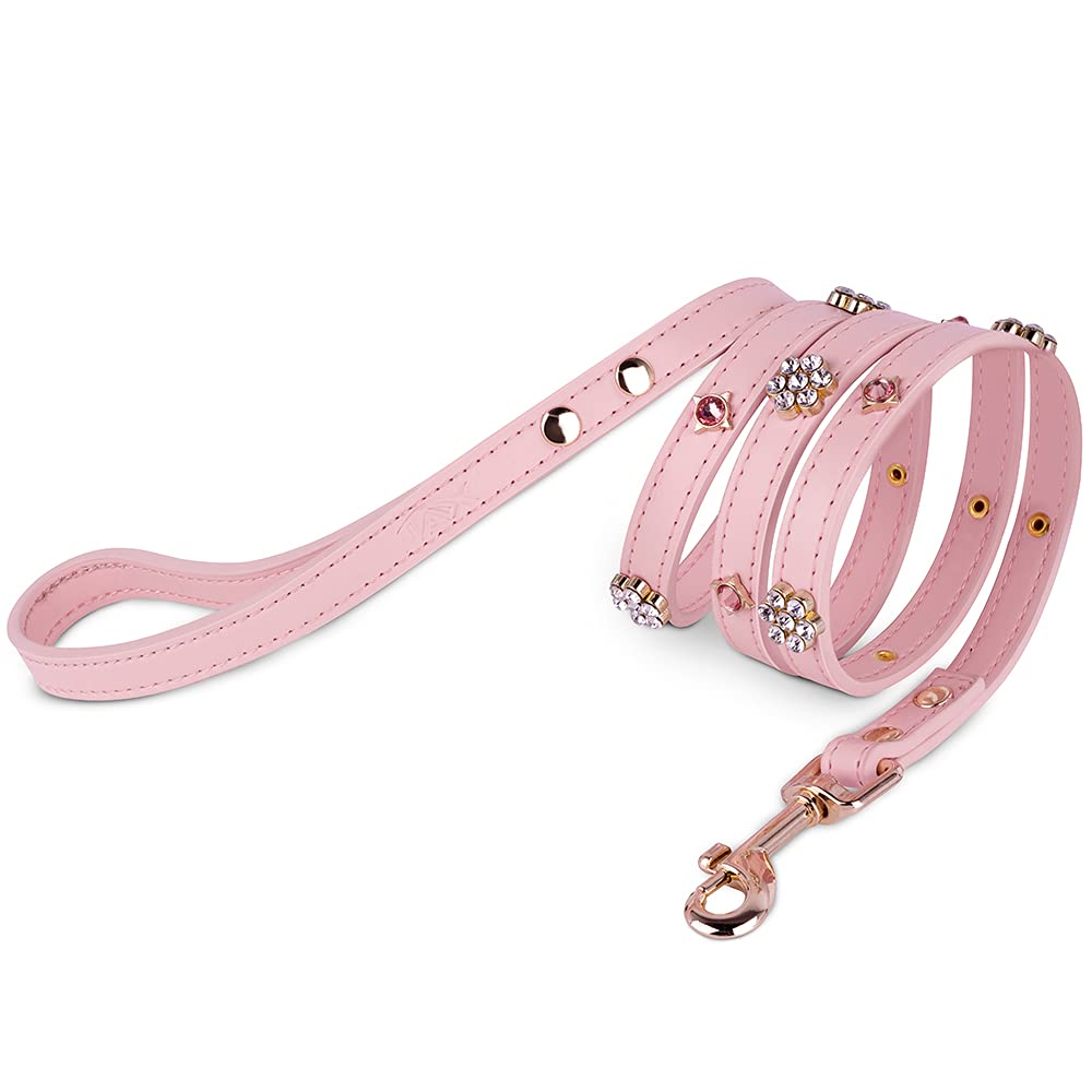 Bling Rhinestone Dog & Cat Leash for Small Dogs & Cats - Sparkly Crystal Flower Design, Soft Comfortable Grip in Vegan PU Leather, Pink - S
