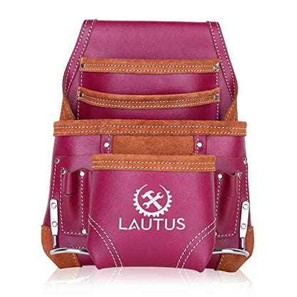 LAUTUS Oil Tanned Leather Tool Pouch Bag |Burgundy |Carpenter, Construction, Framers, Handyman | 10 Pockets, 2 Hammer Holders | 100% Leather