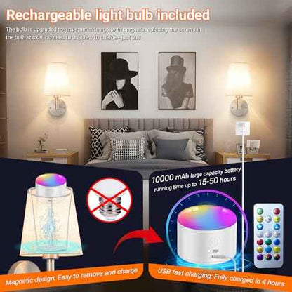 Wall Sconce Battery Operated Wall Light Fixure with Remote Control, Dimmable Battery Operated Wall Sconces Set of Two, Indoor Wireless Wall Mounted Lamp with Rechargable Bulb for Bedroom Living Room