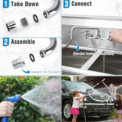 Wall Mount Kitchen Faucet 8" Center Commercial Sink Faucet with 12" Swivel Spout Dual Handles Brass Utility Sink Faucet for Laundry Room Restaurant Polish Chrome