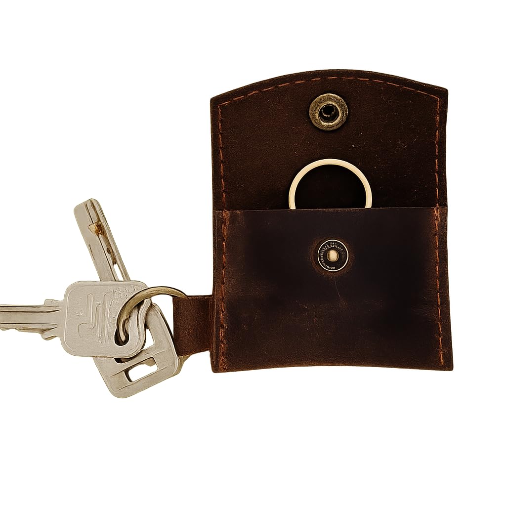 PavinCrafter Leather Coin/Ring Holder Keychain – Mini Pouch with Key Ring, Handmade Small EDC Wallet for Coins, Jewelry, Rings & Keys – Dark Brown