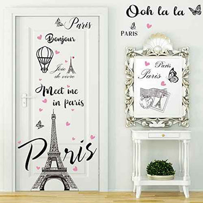 2 Sheets Paris Tower Wall Stickers Decor Paris Eiffel Tower Peel and Stick Wall Decal Large Black Removable Balloon Stickers for Bedroom Living Room Sofa Backdrop Romance Decoration