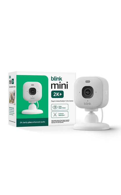 Blink Mini 2K+ (newest model) with 1-Year Plus plan – Plug-in Home & Pet Security Camera with 2K video resolution, smart motion detection, works with Alexa – 1 camera (White)