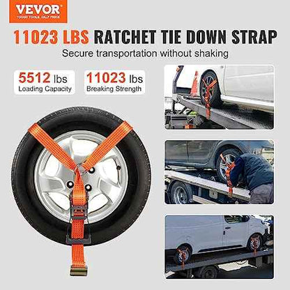 VEVOR Car Tie Down Straps Kit, Lasso Style 2" x 120" Tire Straps, 5512 LBS Working Load, 11023 LBS Breaking Strength, with Flat Hooks for Passenger Car, ATV, Motorcycle, Van, SUV, UTV, Trailer, 4-Pack