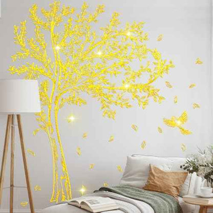 Large Tree Wall Decals Peel and Stick Gold Tree Wall Decals Murals Golden Stamping Walls Art Decal Home Decor for Living Room, TV Walls, Bedroom