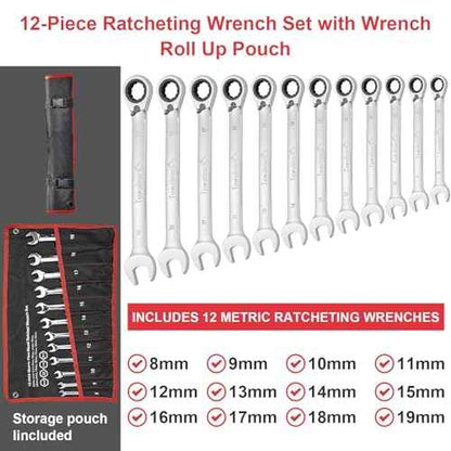Towallmark Ratcheting Wrench Set 12pcs, Metric Standard Wrench Sets, Combination Ratchet, Metric 8-19mm, 72-Teeth,Cr-V Steel Ratchet Wrenches Set with Pouch for Motorcycle/Car/Mechanical Etc