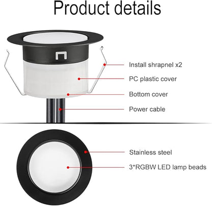 FVTLED Low Voltage Recessed RGBW Deck Light, 50pcs Φ1.22 RGB & Warm White Stainless Steel Waterproof Outdoor Step Lighting In-ground Landscape Pathway Patio Stair Decor Lamp, Black