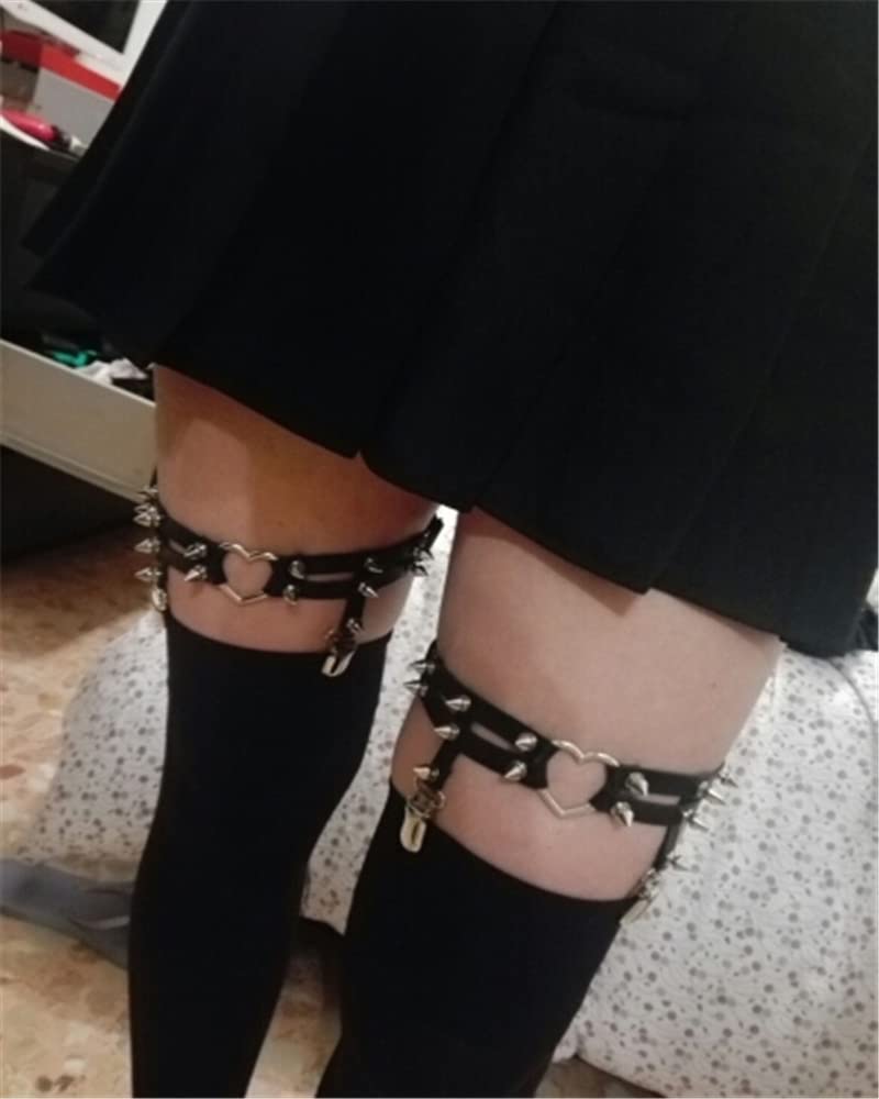 Women Sexy Leather Heart Garters Punk Rock Rivet Stud Leg Ring 2pcs
