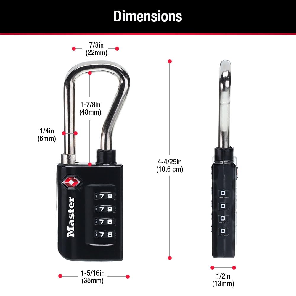 Master Lock Padlock, Set Your Own Combination TSA Accepted Luggage Lock, 1-5/16 in. Wide, Black, 4 pk, 4696EC4