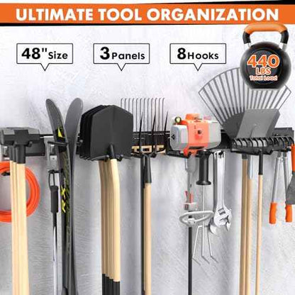 48-Inch Heavy Duty Garage Tool Organizer, Wall Mount Storage System with Adjustable Metal Hooks, 440lbs Capacity, Ideal for Garden Tools, Shovels, Rakes, Brooms, Ladders (48¡®¡¯ Metal Hooks)