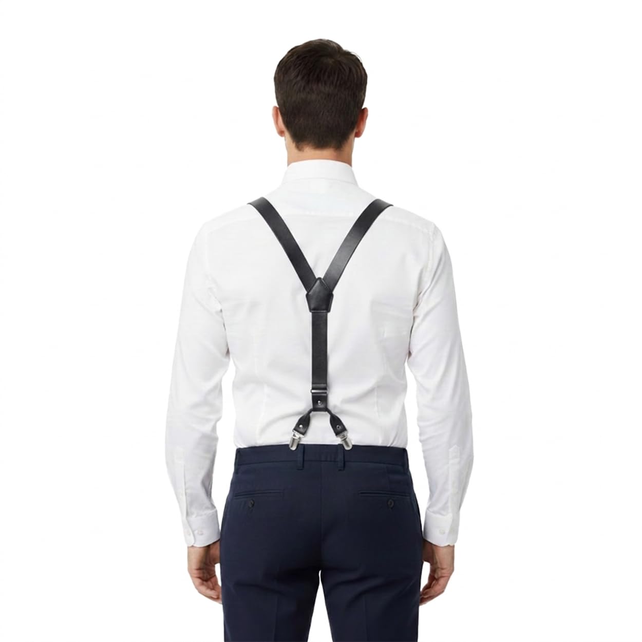 Voolup Leather Suspenders for Men Y-Back Adjustable with 4 Metal Clips Genuine Brown Wedding Groomsmen Gift (Black)