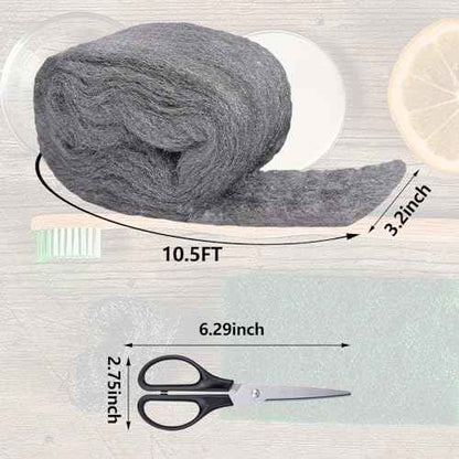 1Pack Steel Wool for Mice Control 3.2" x10.5 ft Wool, Gap Filler for Home & Garage, DIY Bundle with Gloves & Scissors