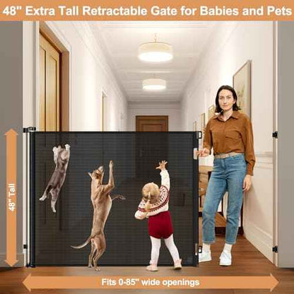 48 Inch Extra Tall Dog Gate Retractable Baby Gates Extra Wide Retractable Dog Gate Indoor 85" Wide Mesh Baby Gates for Doorways Scratch-Resistant 4ft Tall Prevent Kids/Pets from Jumping Over, Black