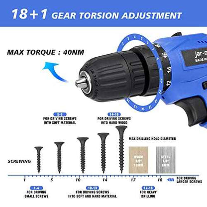 Jar-Owl 21V Cordless Drill, 350 in-lb Torque, 0-1350RMP Variable Speed, 10MM 3/8'' Keyless Chuck, 18+1 Clutch, 1.5Ah Li-Ion Battery & Charger for Home Tool Kit - Black & Blue