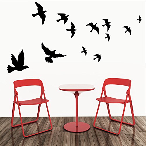 M MLM Black Flying Birds Wall Decal - 12 Pcs Vinyl Pigeon Stickers for Livingroom, Bedroom, Kids Room Decor