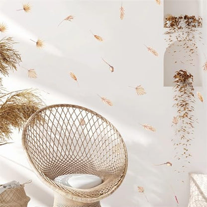 6 Sheets 60 Pcs Wheat Ear of Wheat Peacock Feathers Wall Stickers, sacinora Yellowish Maple Leaf DIY Natural Wall Decals Removable Vinyl Peel and Stick for Living Room Bedroom Art Home Decor