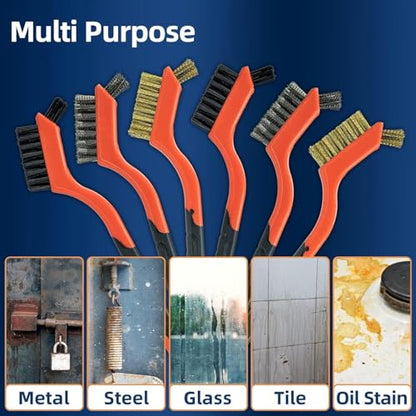 SALI 5pcs Wire Brushes for Cleaning Rust Removal Nylon/Brass/Stainless Steel Bristles with Curved Handle Grip for Dirt & Paint Scrubbing Removing Unfinished Metal Parts, Paint Stains Household Clean