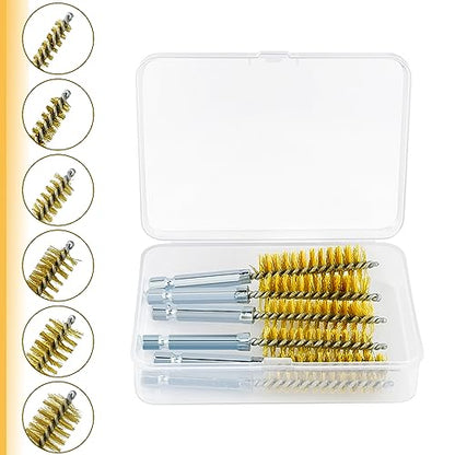6 Pcs Brass Bore Brush Set with 1/4" Hex Shank Twisted Wire Bristles, Different Sizes (8, 10, 12, 15, 17, 19mm) for Bearing, Rust, Tube Cleaning
