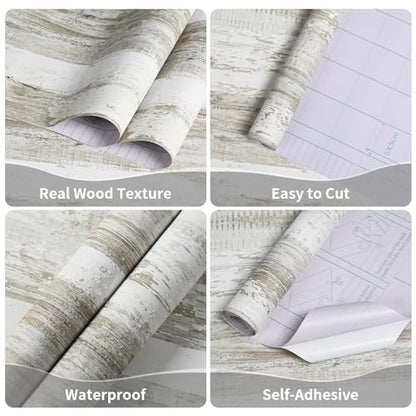 WENMER White and Brown Rustic Wood Grain Wallpaper, 17.3" x 118", 14.1 sq.ft. Peel and Stick, Waterproof, Multi-Surface Use