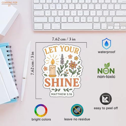 3pcs ¡°Let Your Light Shine¡± Stickers ? Matthew 5:16 ? 3x3in Christian Bible Verse Vinyl Decals ? Waterproof Floral Candle Design for Journals, Laptops, Water Bottles