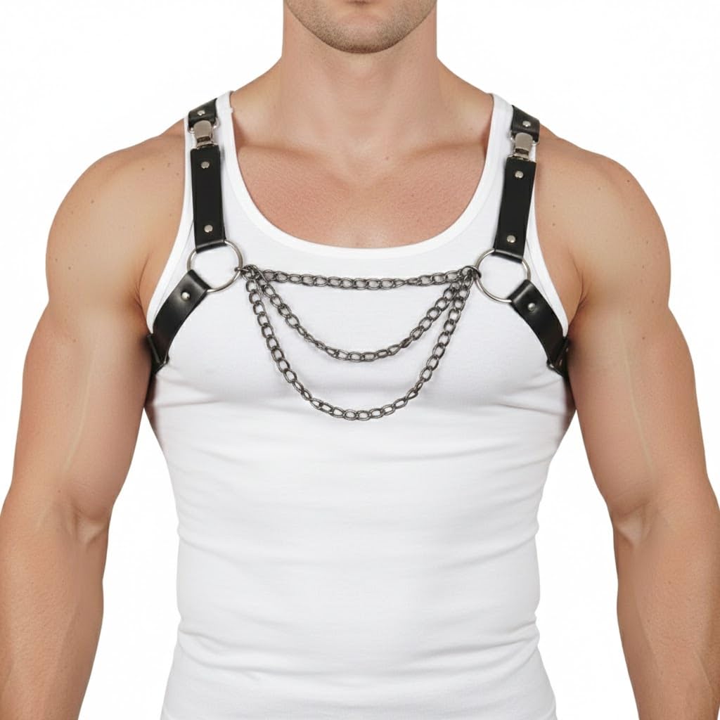 Pfylinqo Men's Sexy PU Leather Chest Harness with Metal Chains, Adjustable Punk Gothic Body Harness for Cosplay Halloween, Festival & Nightclub Outfits