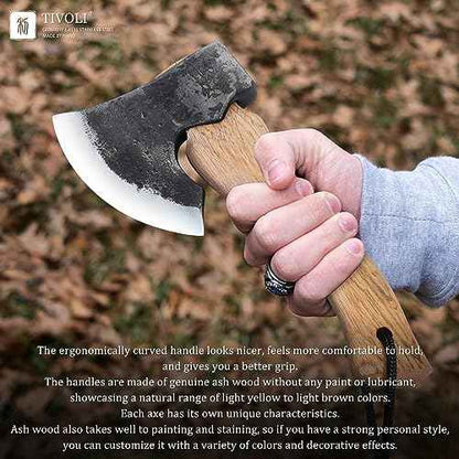 Tivoli 9-inch Small Hatchet Axe for Camping, Small Wood Hatchet Hand Axe, Hand Forged Carbon Steel Short Camp Axe for Chopping Wood, Ash Wood Handle, Retro Sheath