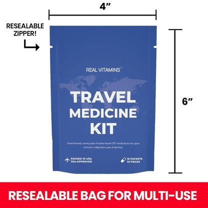 Travel Medicine Kit - 16 Pcs Individually Wrapped Packets of Ibuprofen, Bismol, Sodium Bicarbonate & Antacids - TSA-Approved Medicine Variety Pack by Real Vitamins (1 Kit)