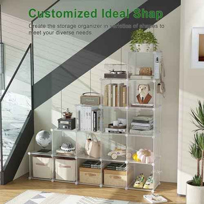 C&AHOME Cube Storage Organizer, 16-Cube Shelves Units, Plastic Storage Cubes, DIY Closet Organizer, Modular Closet Storage Shelf Ideal for Home, 48.4" L ¡¿ 12.4" W ¡¿ 48.4" H Transparent Twill UPCS16T